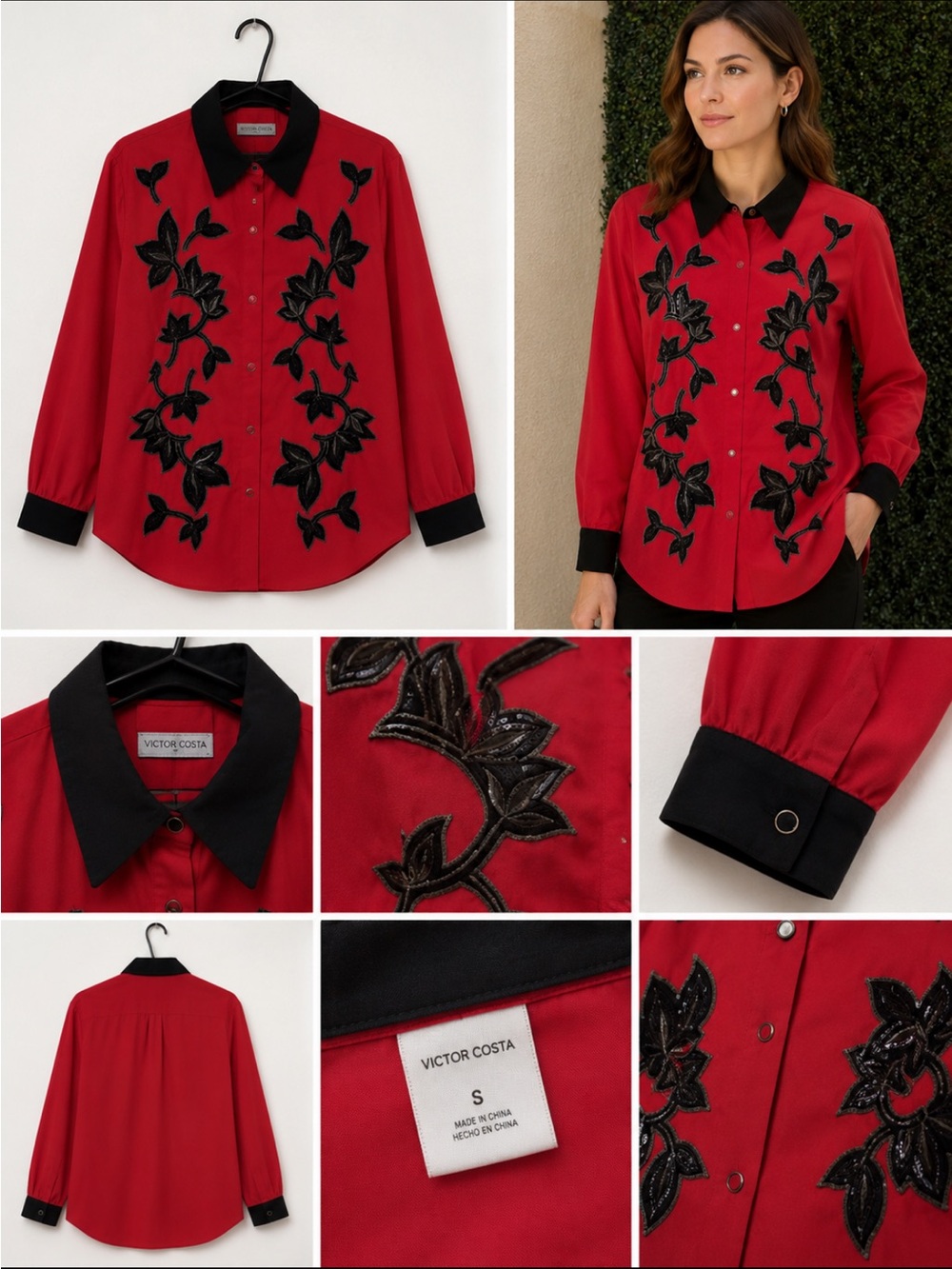 Victor Costa Red Button-Front Top with Black Floral Appliqué